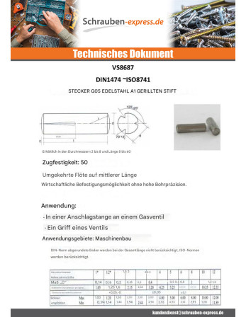 1 x Steckbarer Kerbstift Edelstahl A1 G05 5x25