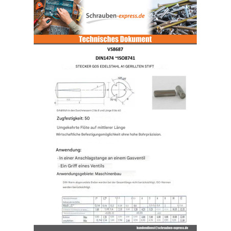 1 x Steckbarer Kerbstift Edelstahl A1 G05 5x25