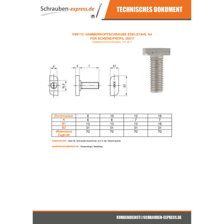 1 x Metallschrauben Hammerkopf 13x31x6 M12x60 Edelstahl A4 für 38/17 Profile