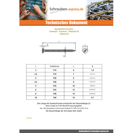1 x Spanplattenschrauben Senkkopfschraube T20 4,5 x 100 Gesamtgewinde Edelstahl A2