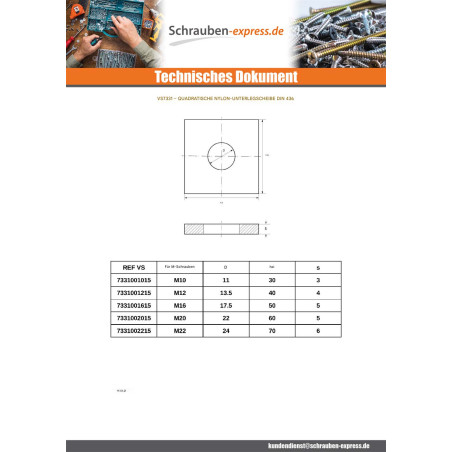 1 x Scheiben/Unterlegscheibe Viereckig natürlich nylon M22X70X6