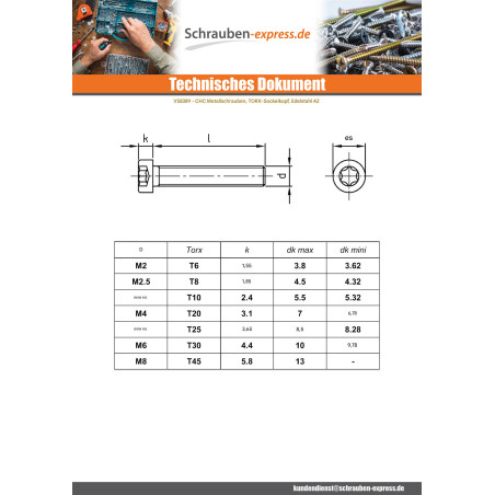 1 x Metallschrauben Zylindrischer Flachkopf Niedrig TORX T45 M8X55 Mit Gewinde 38 Edelstahl A2