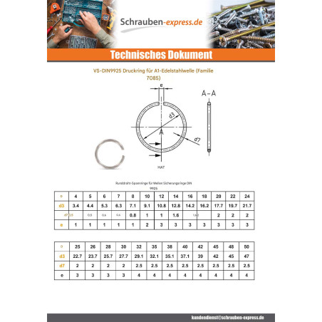 1 x Runddraht-Sicherungsringe für Wellen mit Durchmesser 20 Edelstahl A1