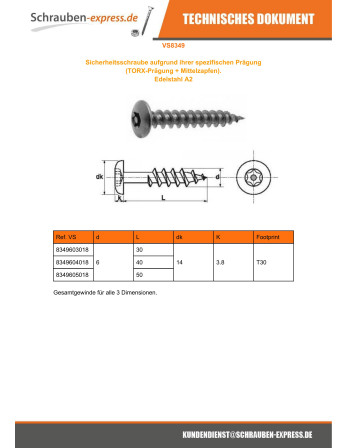 1 x Schraube Binder Sichere T30 mit Zapfen 6x30...