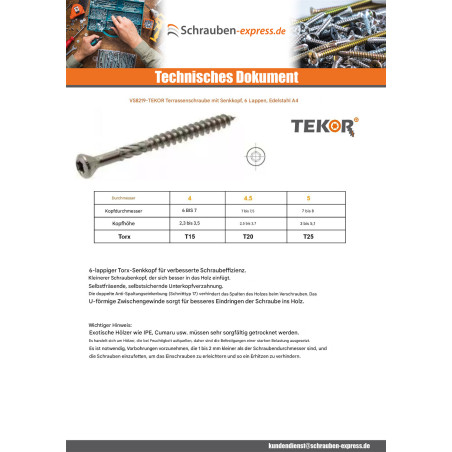 1 x Terrassenschrauben TEKOR Flacher Senkkopf T15 4x50 cut Bohrspitze mit Typ 17 Spitze Edelstahl A4