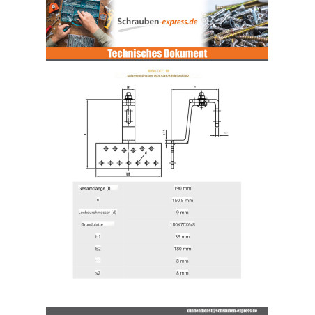 1 x Haken ZEICHEN SOLAR 180x70x6 /8 Edelstahl A2
