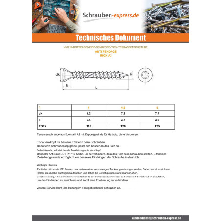 1 x Terrassenschrauben TEKOR Doppelgewinde Senkkopfschraube T25 5x50 cut Bohrspitze mit Typ 17 Spitze Edelstahl A2