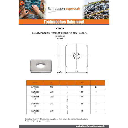1 x Quadratische Scheibe für Holzbau M22 24x70x6 Edelstahl A2