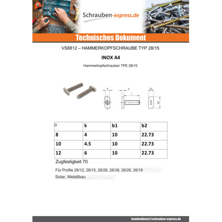 1 x Metallschrauben Hammerkopf 10 x 10 x 4,5 M10x20 Edelstahl A4 für 28/15 Profile
