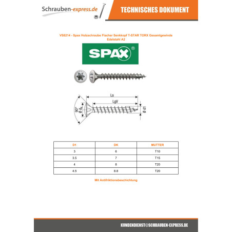 1 x Spax Holzschraube Flacher Senkkopf T-STAR T20 4x40 Gesamtgewinde Edelstahl A2