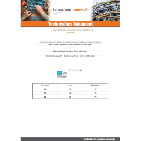 1 x Betonschraube Sechskantkopf S13 Edelstahl A4 10x70 Mit Gewinde 5