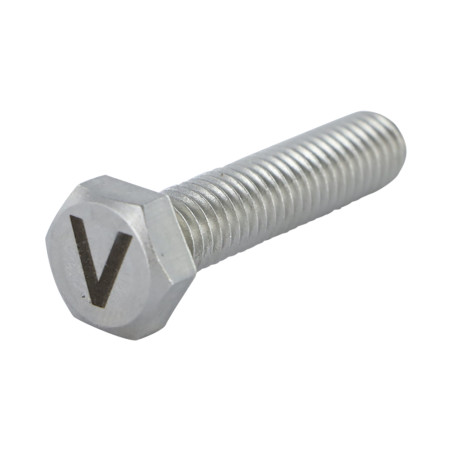 1 x Metallschrauben Sechskantkopf 8x35 Edelstahl A4 mit Buchstabengravur "V"