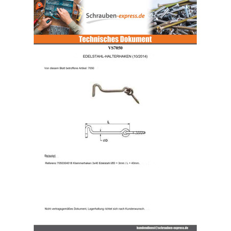 1 x Sturmhaken 3,5 x 50 Edelstahl A2