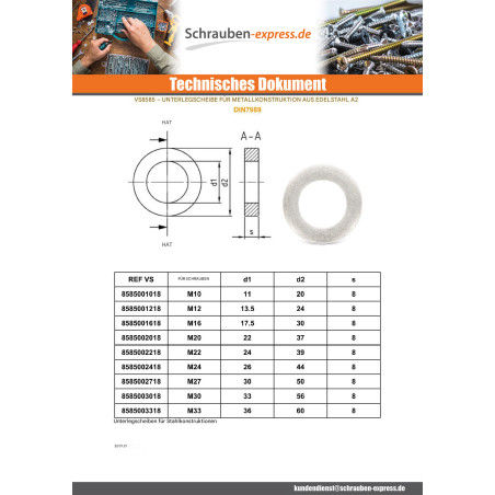 1 x Scheiben/Unterlegscheibe KONSTRUKT Metallisch Edelstahl A2 M22X39X8