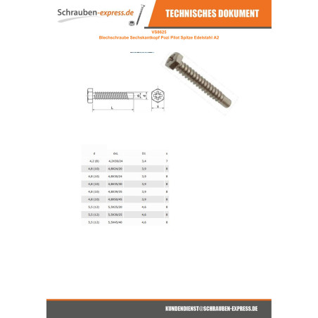 1 x Blechschraube Sechskantkopf Pozi Pilot Spitze Edelstahl A2 5,5 x 30 Mit Gewinde 25