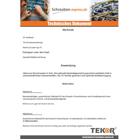 1 x Spanplattenschrauben TEKOR Edelstahl A2 Senkkopfschraube Gezahnt T10 3,5 x 50 Mit Gewinde 30 cut Bohrspitze mit Typ 17