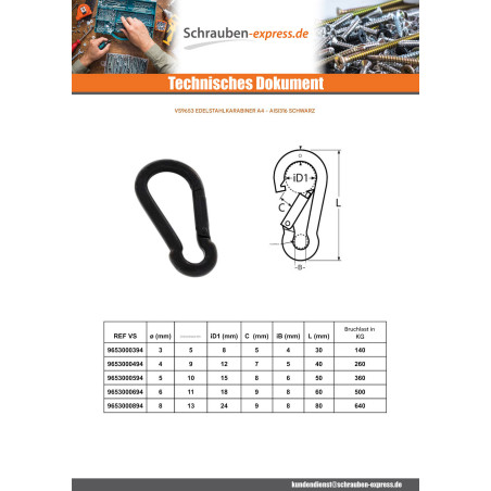 1 x Karabiner Edelstahl A4 Schwarz Durchmesser 5
