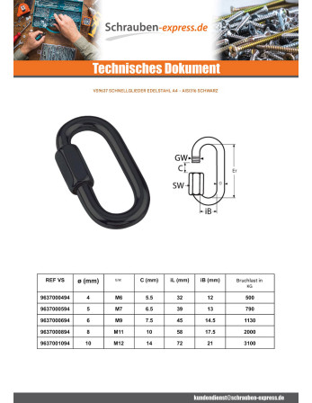 1 x Schnellkettenglied Edelstahl A4 Schwarz 6