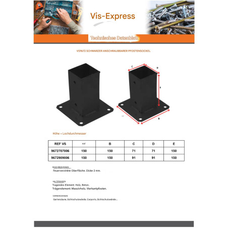 1 x Base del poste für verschrauben 90x90 Schwarz