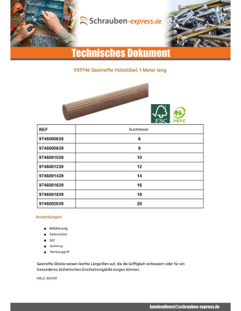 1 x Geriffelter Holzzapfen Durchmesser 8 Länge...