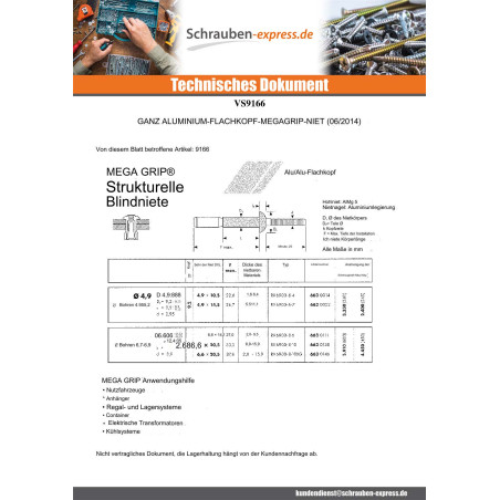1 x Niet MEGAGRIFF Alle Aluminium 6,6 x 14,1 Flachkopf