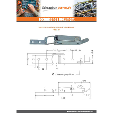 1 x Riegel für Hebel mit Öse Verzinkt 102 X 23
