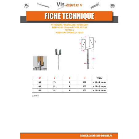1 x Base del poste form U 60x100x91 Hohe Korrosionsbeständigkeit Stahl feuerverzinkt