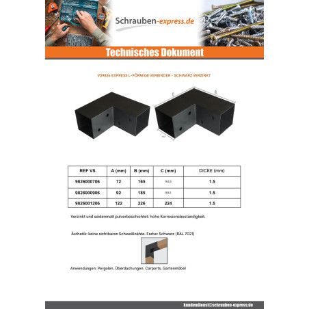 1 x Flachverbinder ÄUSSERN In L Stahl schwarz verzinkt 72 x 165 x 163,5