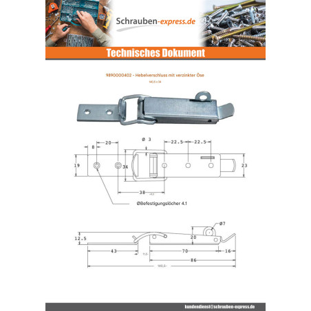1 x Riegel für Hebel mit Öse Verzinkt 140,5 X 34