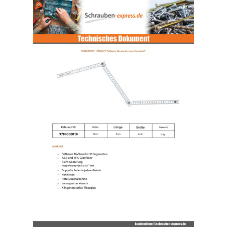 1 x Zollstock Kunststoff STANLEY 2 Meter