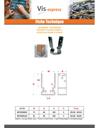 1 x Balkenstütze form U 71x60x150 Hohe...