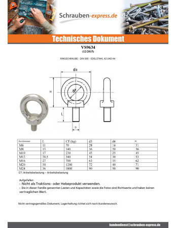 1 x Schraube Ringmutter M16X27 Edelstahl A4