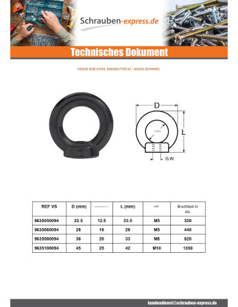 1 x Muttern für Ringmutter M8 Edelstahl A4 Schwarz