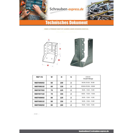 1 x Balkenschuh U-förmig für Flügel Innen Sendzimir 70x125