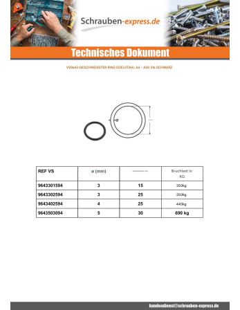 1 x Schweißring Edelstahl A4 Schwarz 3x15