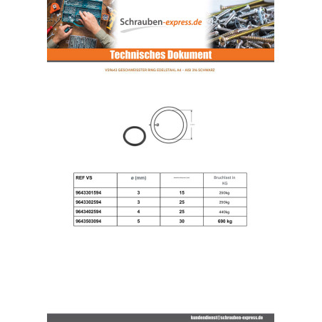 1 x Schweißring Edelstahl A4 Schwarz 3x15
