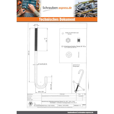 1 x Ankerschrauben M18X357 Mit Gewinde 150 +2 Muttern +2 Scheiben/Unterlegscheibe Verzinkt