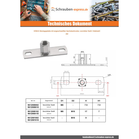 1 x Befestigungsplatine Mit Sechskantmutter M10 Edelstahl A4
