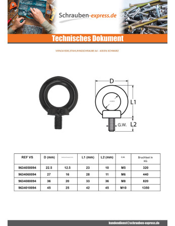 1 x Schraube Ringmutter M10x45 Edelstahl A4...