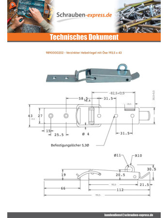 1 x Riegel für Hebel mit Öse Verzinkt 193,5 X 43