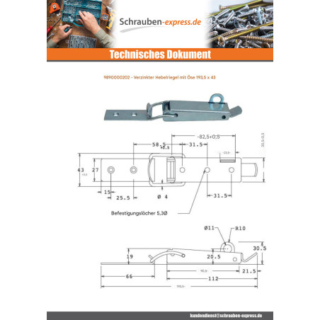 1 x Riegel für Hebel mit Öse Verzinkt 193,5 X 43