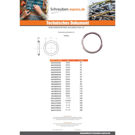 1 x Schweißring Edelstahl A4 8x45