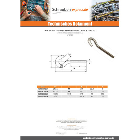 1 x Schraubhaken mit metrischem Gewinde Edelstahl A2 12x65