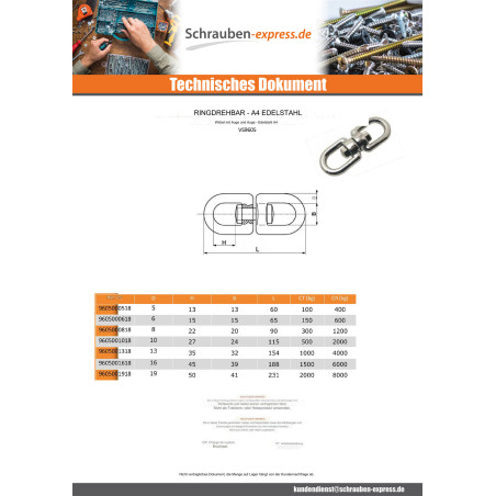 1 x Wirbel mit Ring Edelstahl A4 Durchmesser 6