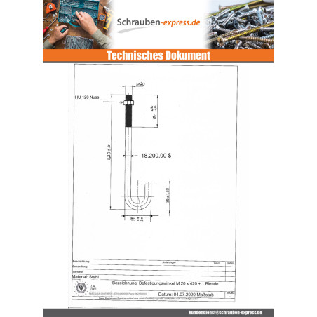 1 x Ankerschrauben M20X420 + 1 Muttern Rohstahl