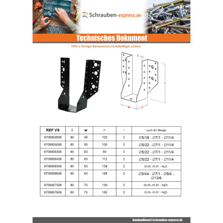 1 x Balkenschuh U-förmig für Flügel Außenbereich 63x98 Stahl schwarz verzinkt