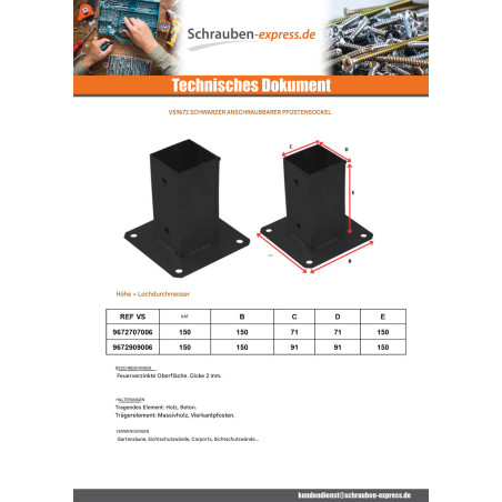 1 x Base del poste für verschrauben 70x70 Schwarz