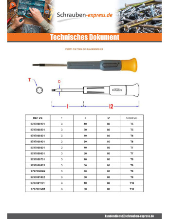 1 x Schraubenzieher Ende T5 Gesamtlänge 80...