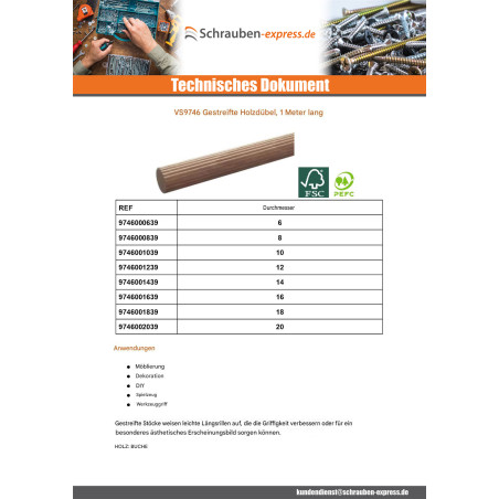 1 x Geriffelter Holzzapfen Durchmesser 10 Länge 1 Meter