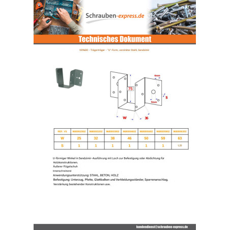 1 x Balkenschuh U-förmig Balkenstütze 59x75 Sendzimir